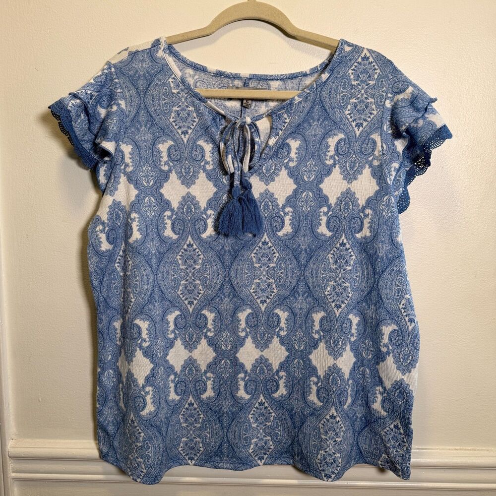 Absolutely Famous XL Blue Paisley Boho Tunic Top Tassel Tie Ruffle Sleeve